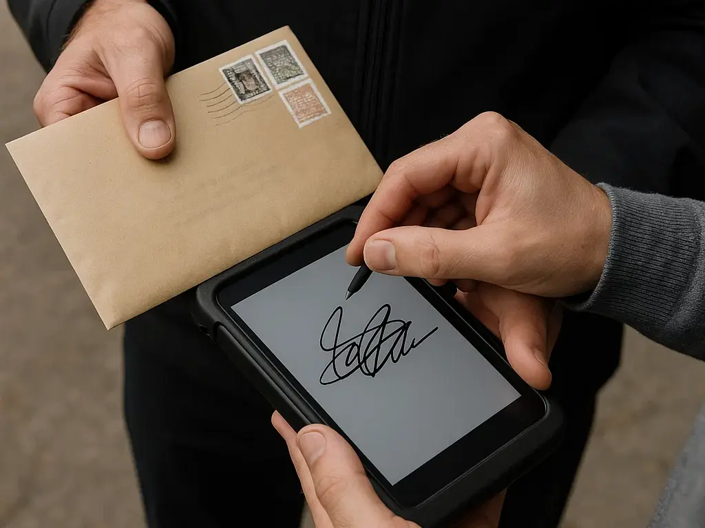Person signing on a digital device while receiving a letter.